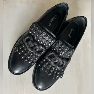 NWOT Saint G Kim Kiltie loafer, black with silver studs. Women’s size 9.